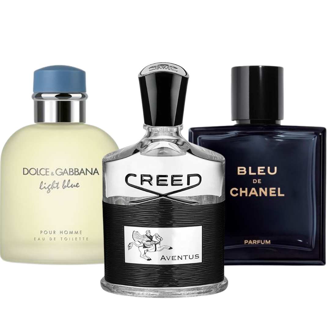Kit de 3 perfumes Bleu de Chanel, Creed Aventus, e Light Blue Dolce Gabbana 100ml